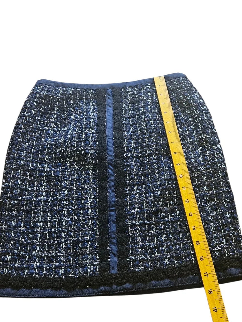 Tory Burch Navy Blue Tweed Mini Skirt Size 2 Textured Silk Trim Pocket Detail